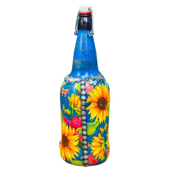 Hand Painted, Decoupaged and Molded Clay Grolsch-Style Bottle Poppy & Sunflowers - Picture 11 of 16